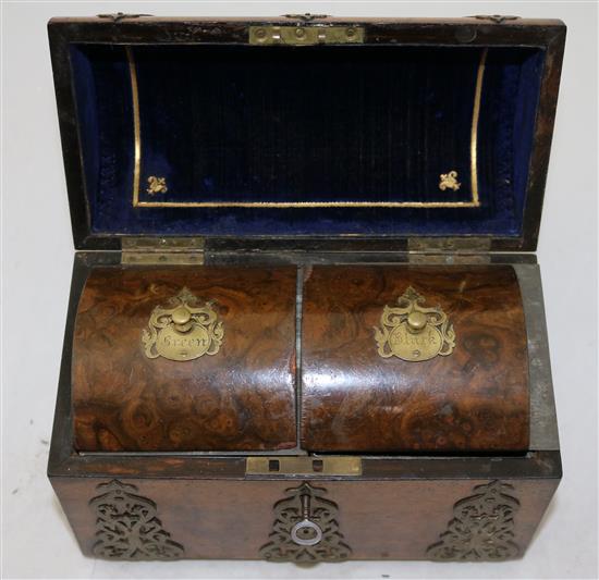 A Victorian brass mounted burr wood tea caddy, 9in.